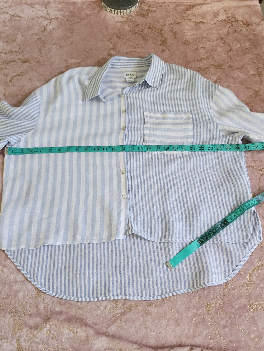 NICOLE MILLER | Light Blue & White Striped Button-Up Shirt 100% Linen - Picture 15 of 15